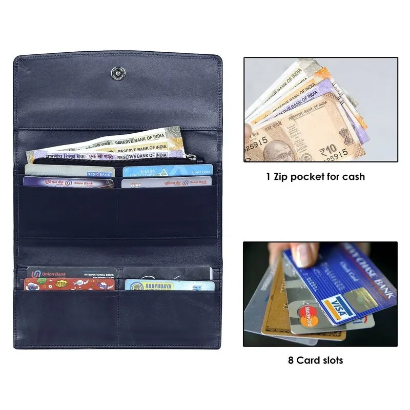 Bi-Fold Zip Around Wallet for Women - Genuine Leather, Multiple Card Slots | Coin Pocket | Navy Blue