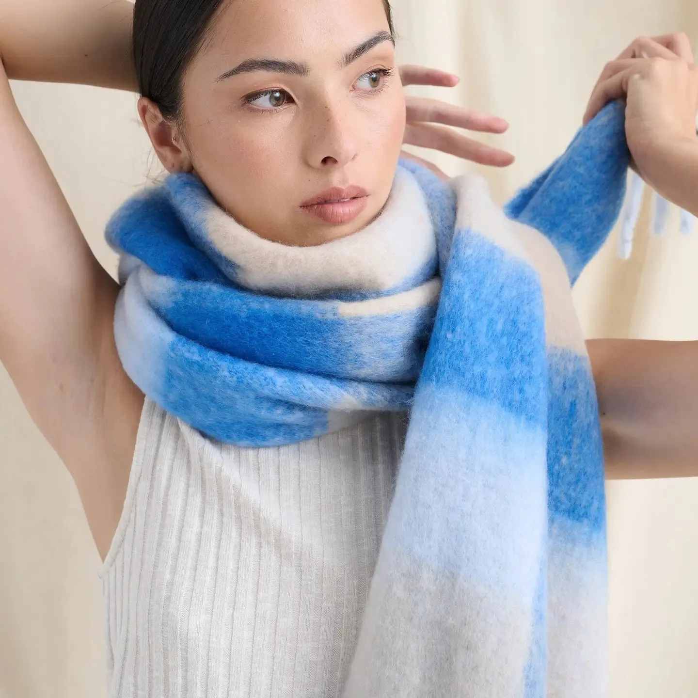 Blue & White Check Fluffy Scarf