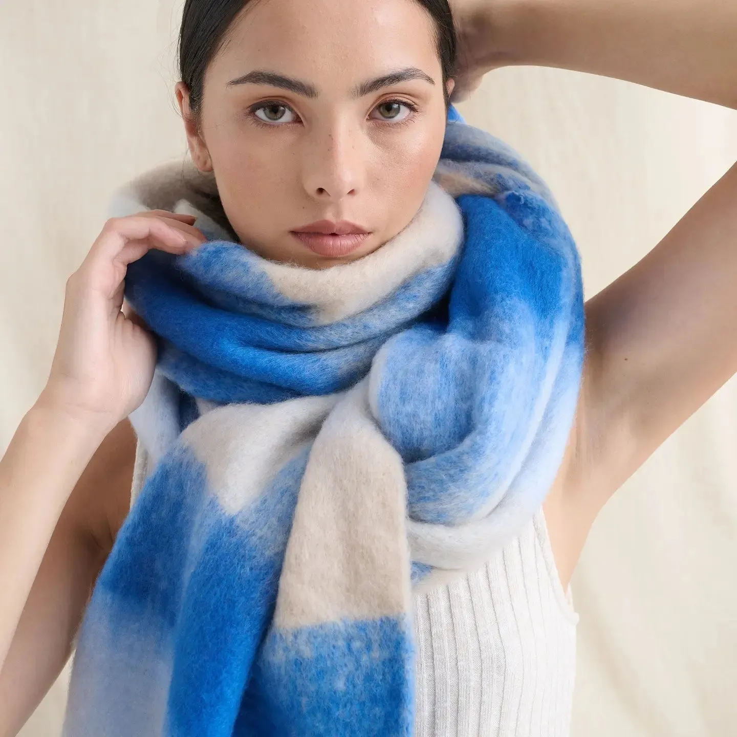 Blue & White Check Fluffy Scarf