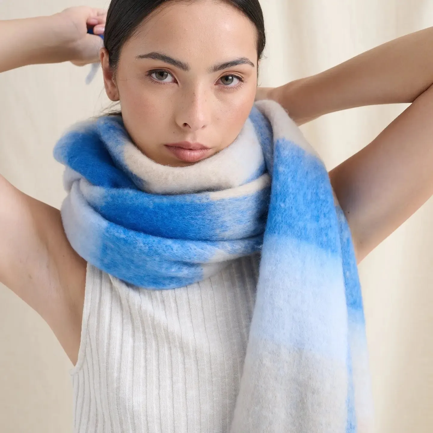 Blue & White Check Fluffy Scarf