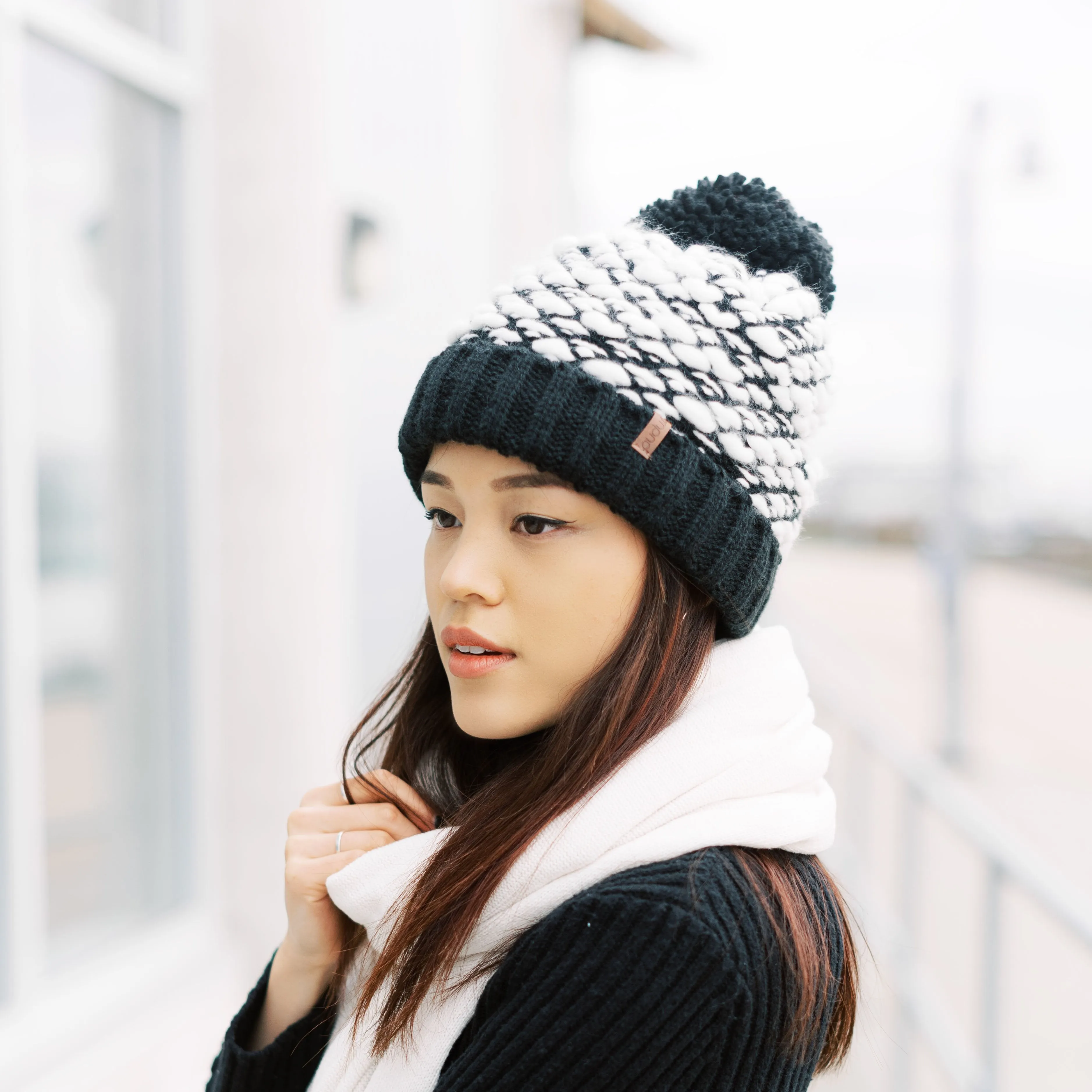 Bubble Black Pom Pom Beanie Hat - Adult