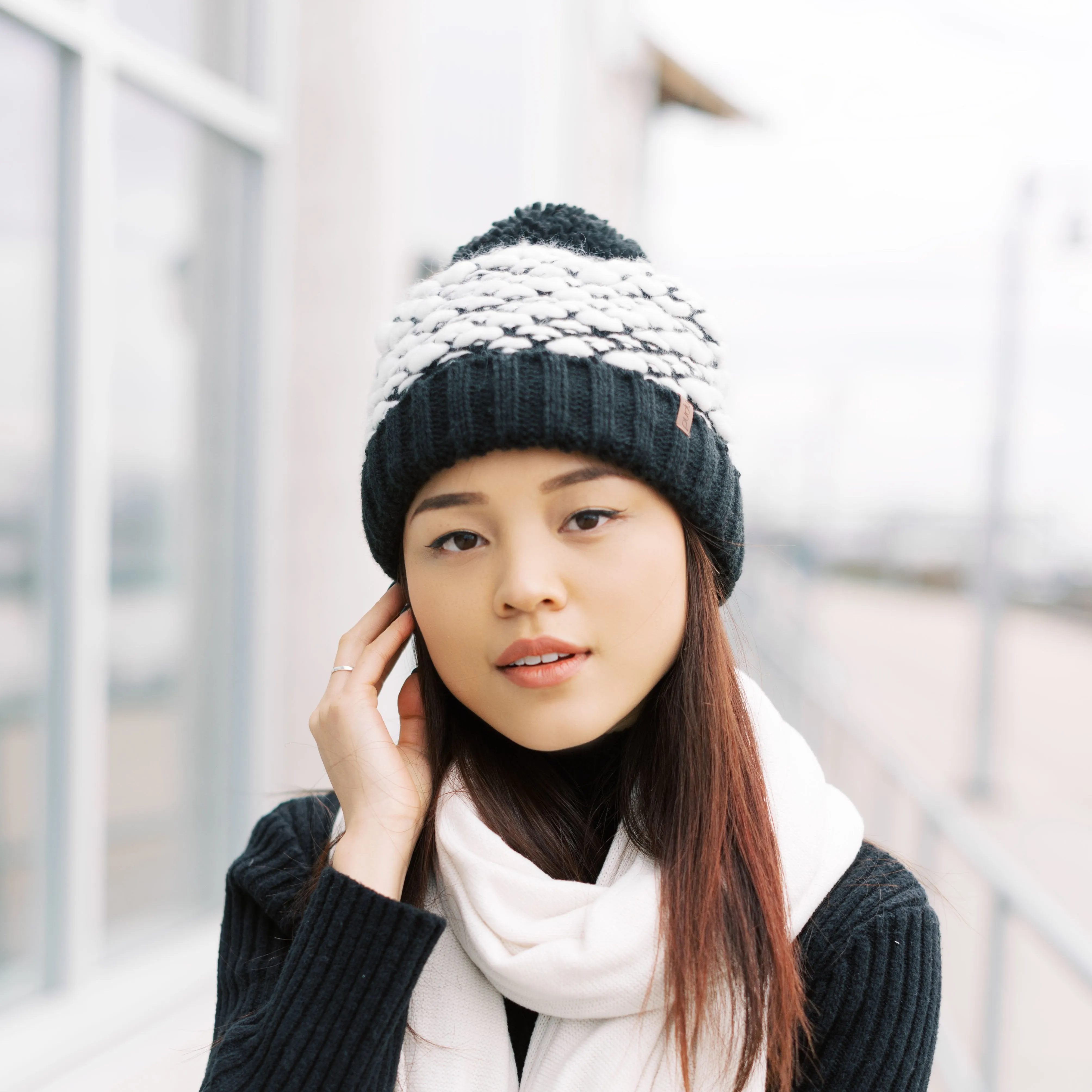 Bubble Black Pom Pom Beanie Hat - Adult