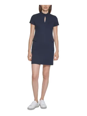 CALVIN KLEIN Womens Blue Zippered Pocketed Keyhole Front Short Sleeve Mock Neck Short A-Line Dress