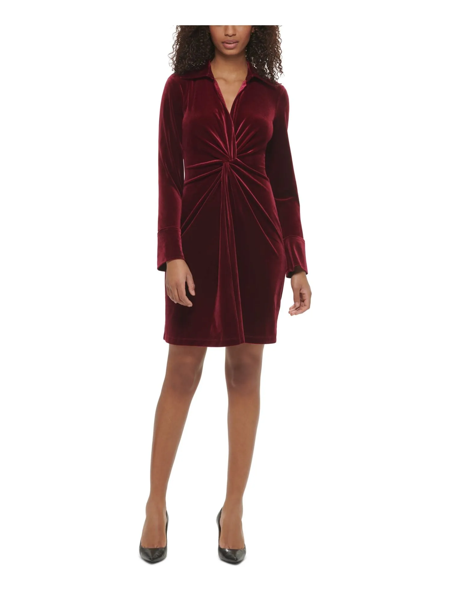 CALVIN KLEIN Womens Burgundy Cuffed Sleeve Collared Above The Knee Cocktail Sheath Dress