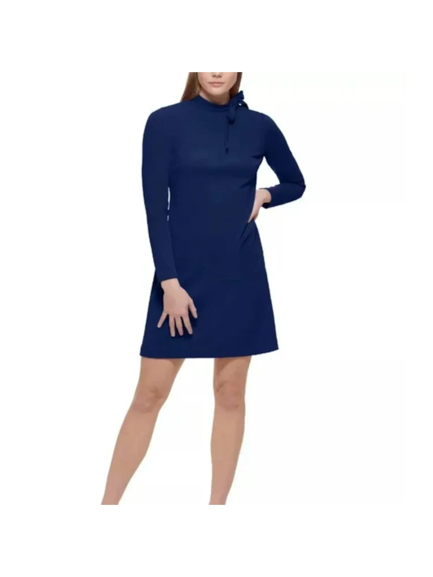 CALVIN KLEIN Womens Navy Zippered Unlined Bow Accent Long Sleeve Mock Neck Above The Knee Wear To Work Sheath Dress