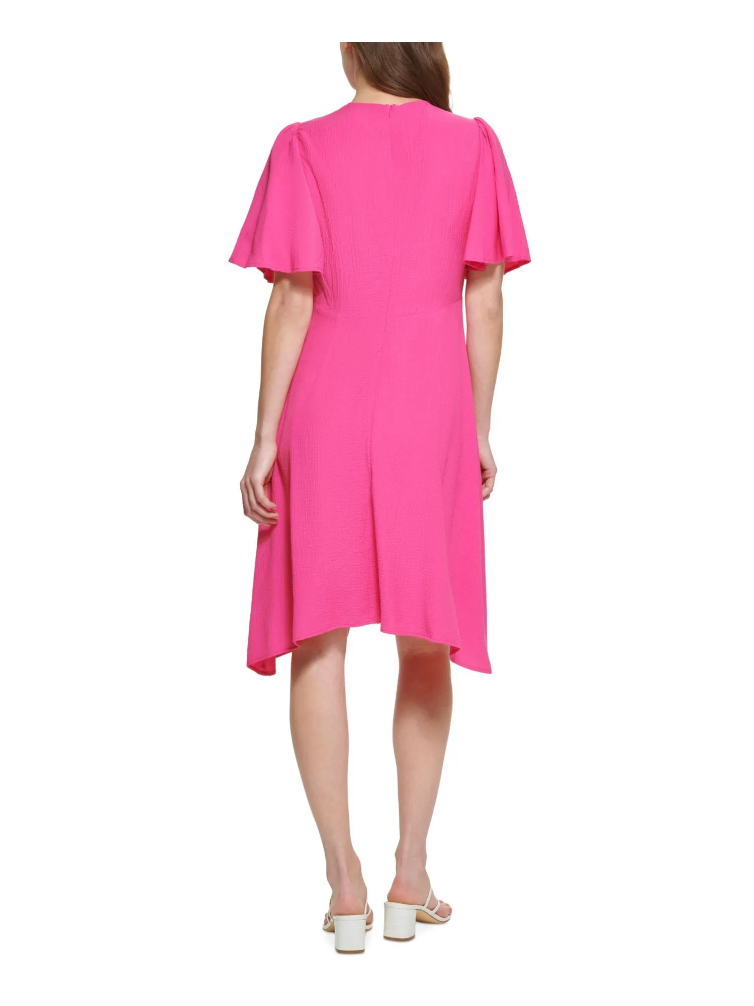 CALVIN KLEIN Womens Pink Textured Zippered Gathered Flutter Sleeve Round Neck Knee Length Party Sheath Dress