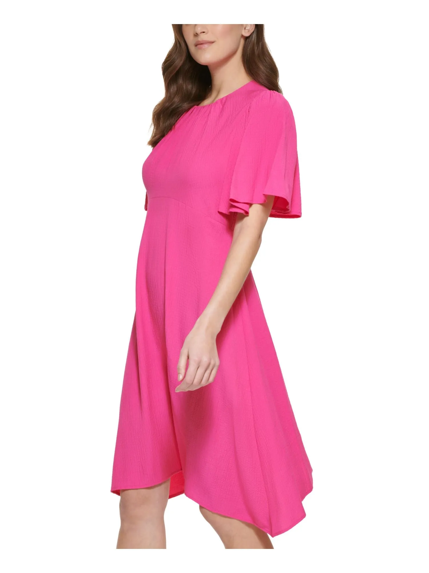 CALVIN KLEIN Womens Pink Textured Zippered Gathered Flutter Sleeve Round Neck Knee Length Party Sheath Dress