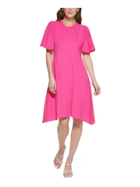 CALVIN KLEIN Womens Pink Textured Zippered Gathered Flutter Sleeve Round Neck Knee Length Party Sheath Dress