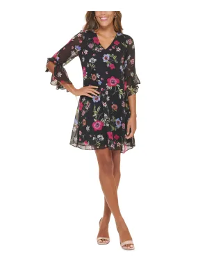 CALVIN KLEIN Womens Ruffled Floral 3/4 Sleeve V Neck Short Party Shift Dress