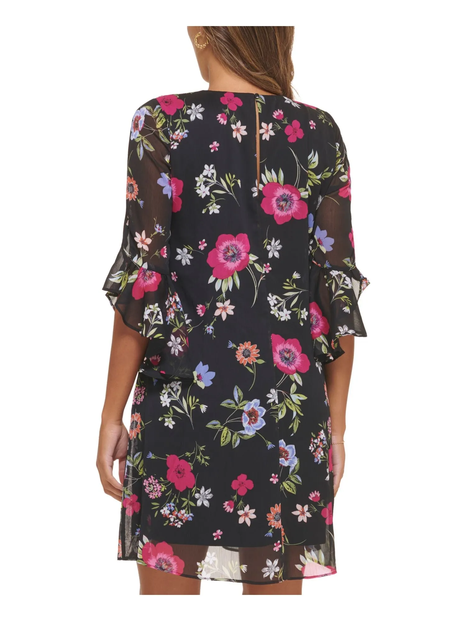 CALVIN KLEIN Womens Ruffled Floral 3/4 Sleeve V Neck Short Party Shift Dress