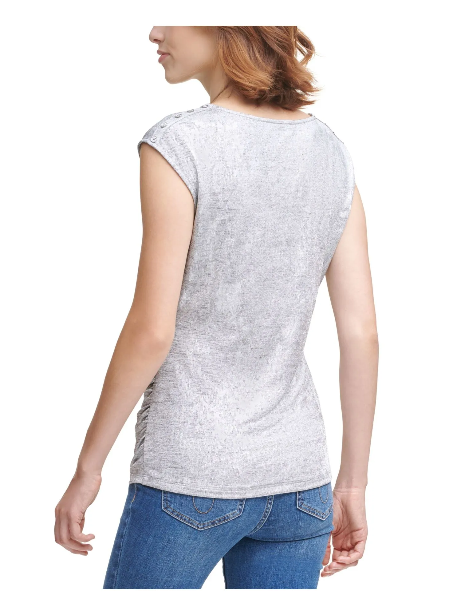 CALVIN KLEIN Womens Silver Cap Sleeve Scoop Neck Top