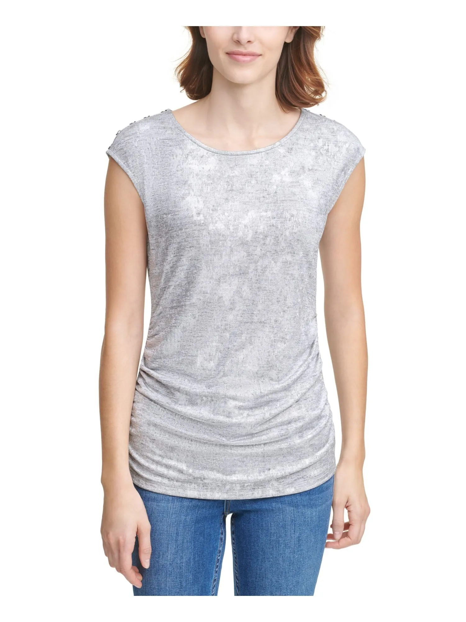 CALVIN KLEIN Womens Silver Cap Sleeve Scoop Neck Top