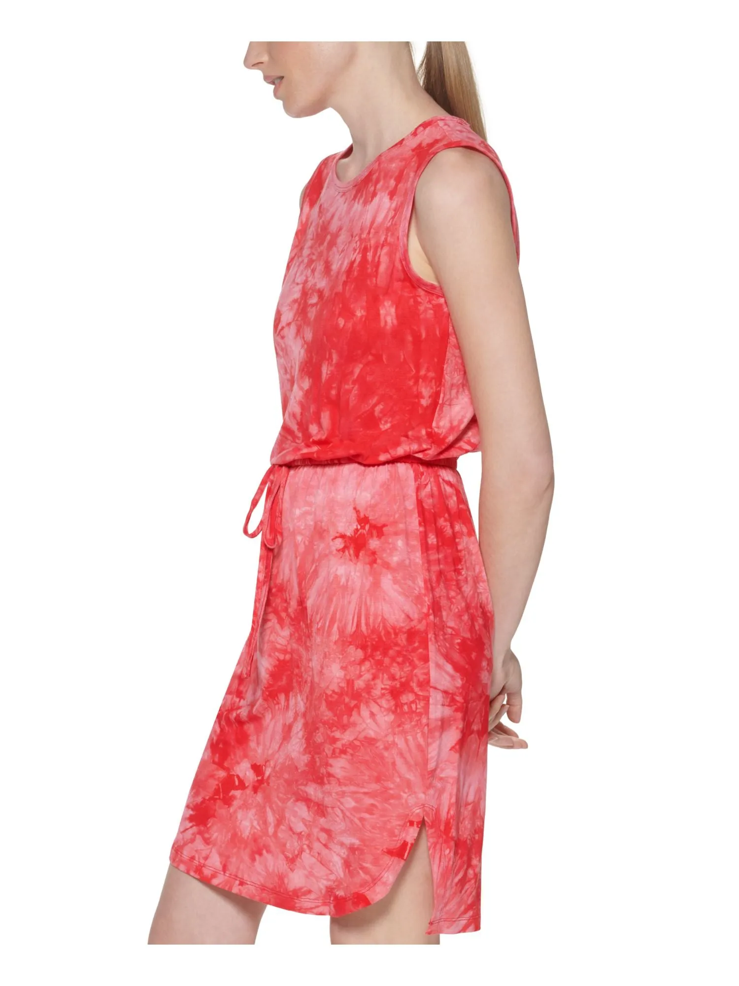 CALVIN KLEIN Womens Stretch Slitted Tie Dye Sleeveless Round Neck Above The Knee Sheath Dress