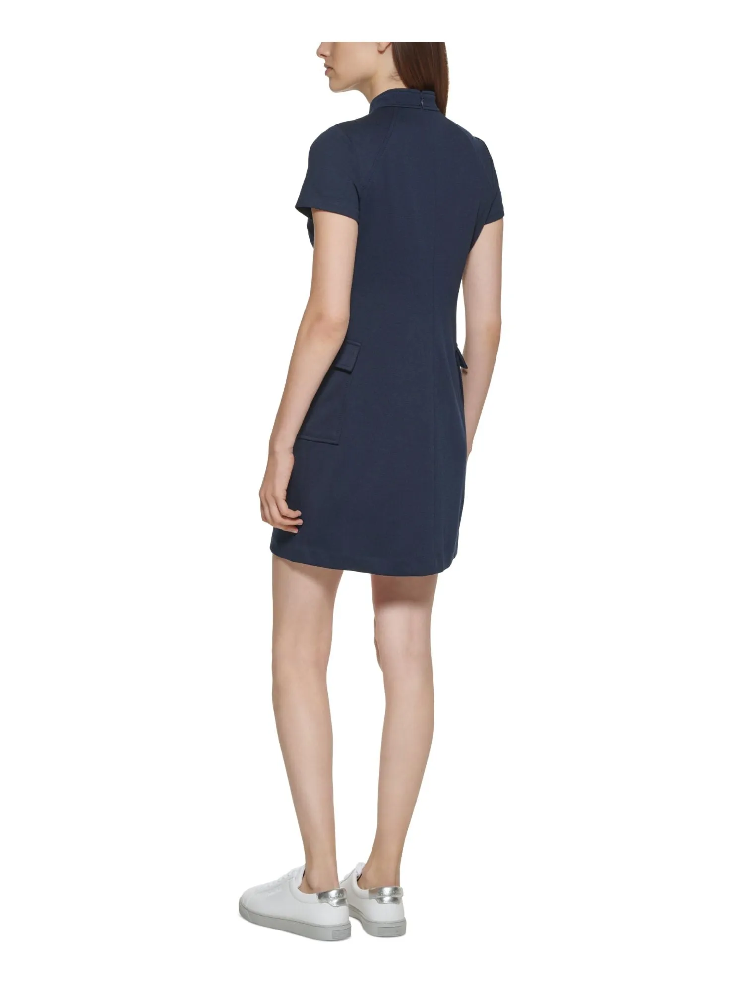 CALVIN KLEIN Womens Zippered Short Sleeve Mock Neck Short A-Line Dress