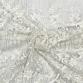 Classic White Pearl Thread Embroidery Net Fabric