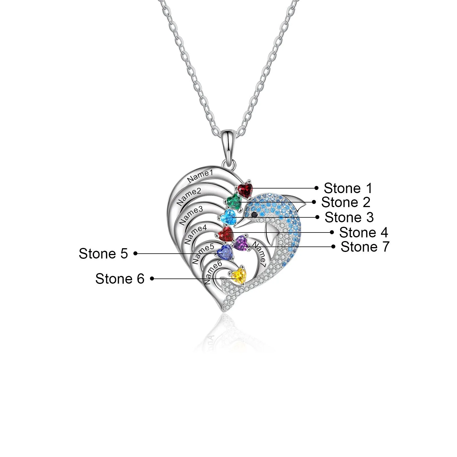 Delicate Dolphin 2-8 Name Necklace Customized Heart Pendant