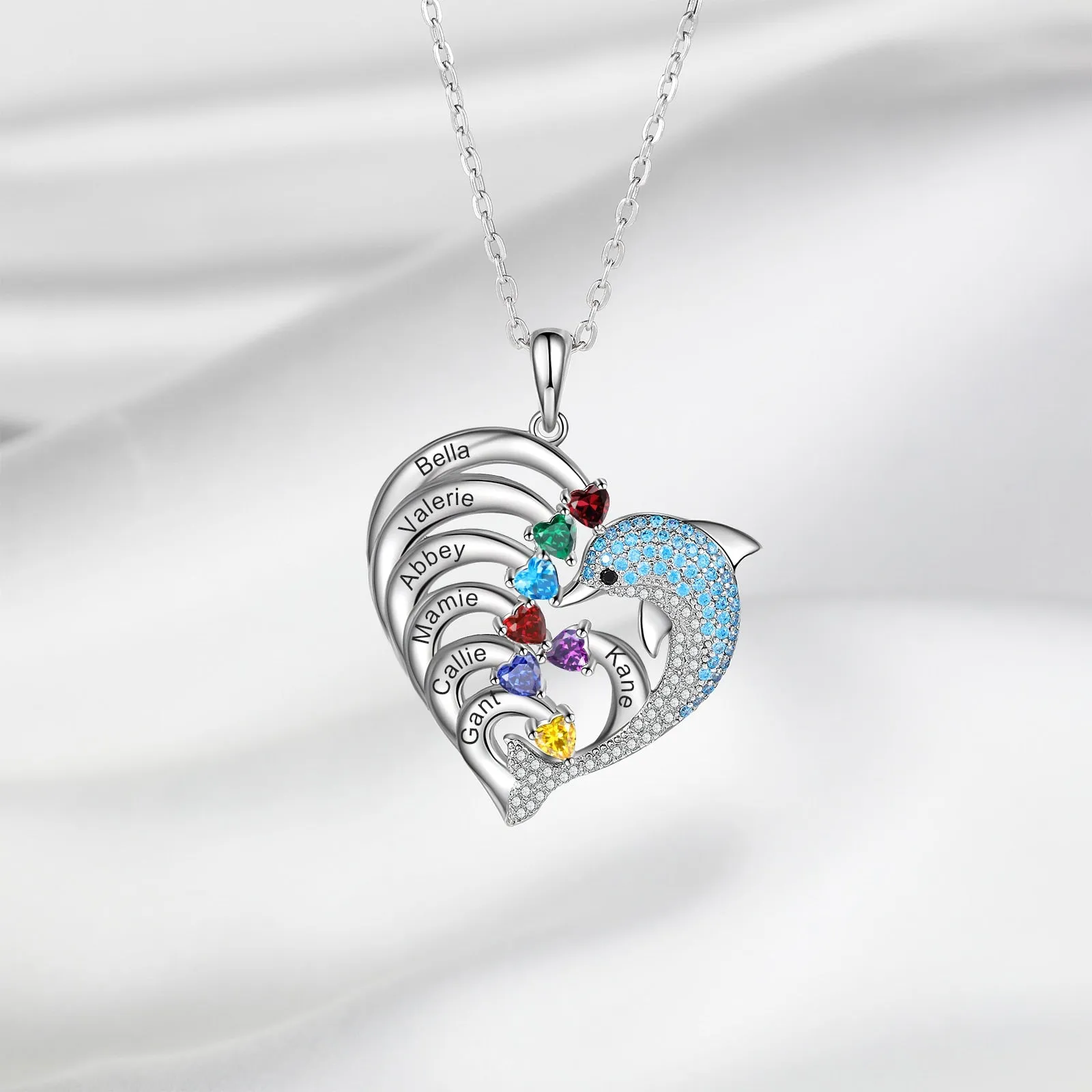 Delicate Dolphin 2-8 Name Necklace Customized Heart Pendant