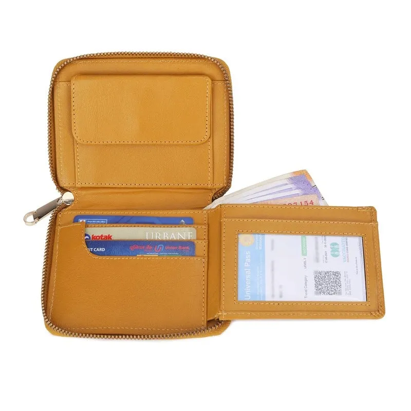 Genuine Leather Bi-Fold Zip Around Wallet for Women - Slim Design with Multiple Card Slots | Coin Pocket | Yellow