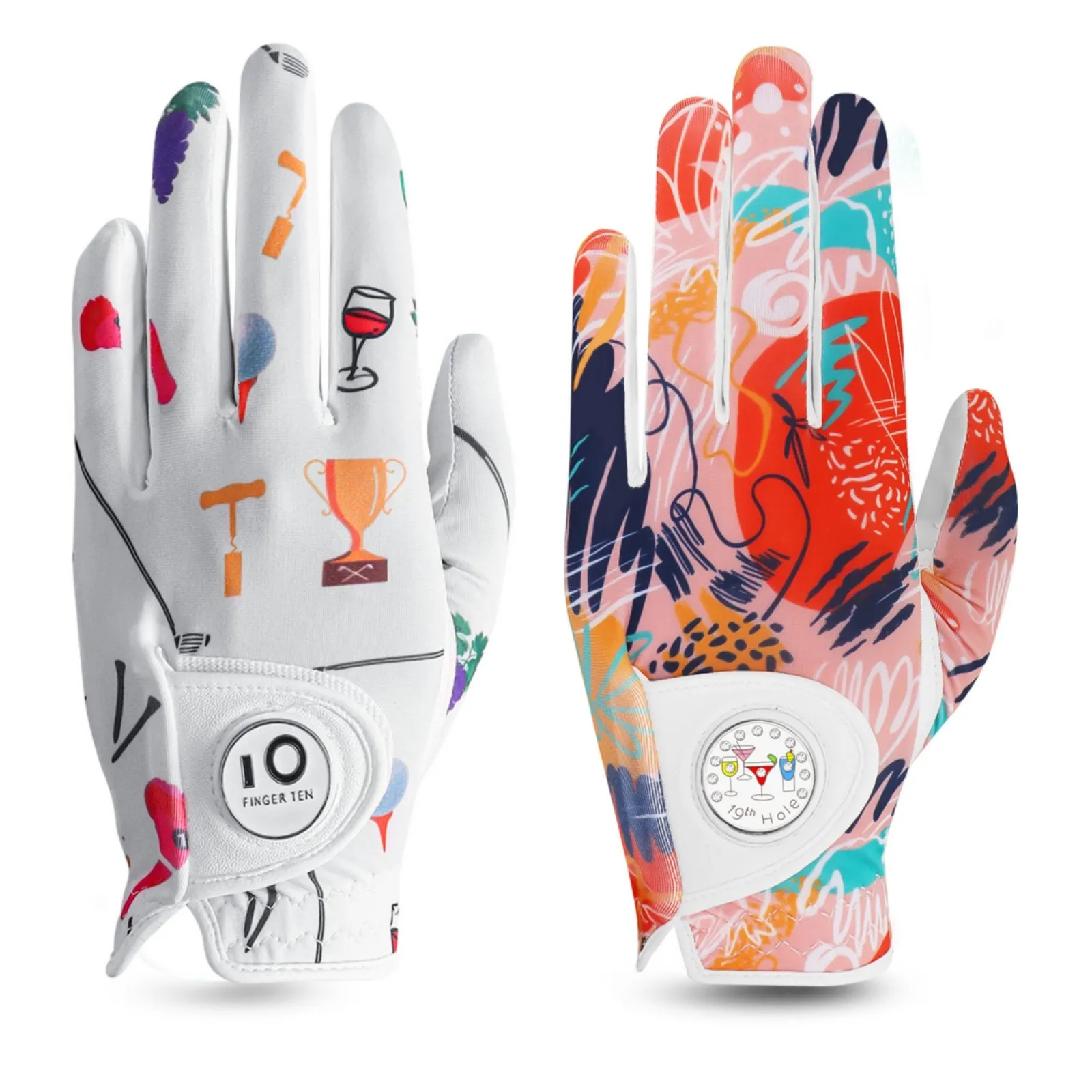 Ladies Golf Gloves Printed White Orange Colored 2 Pack