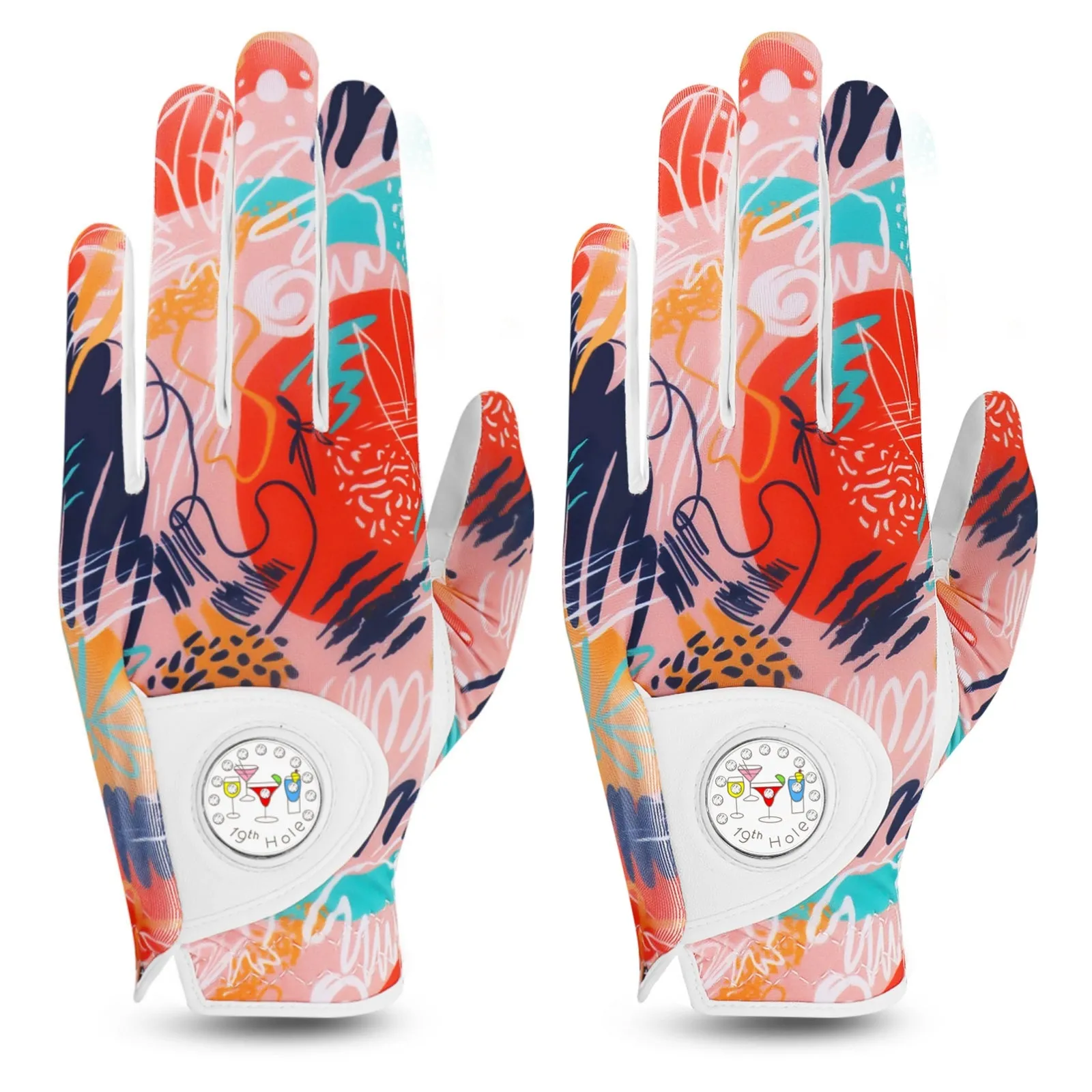 Ladies Golf Gloves Printed White Orange Colored 2 Pack