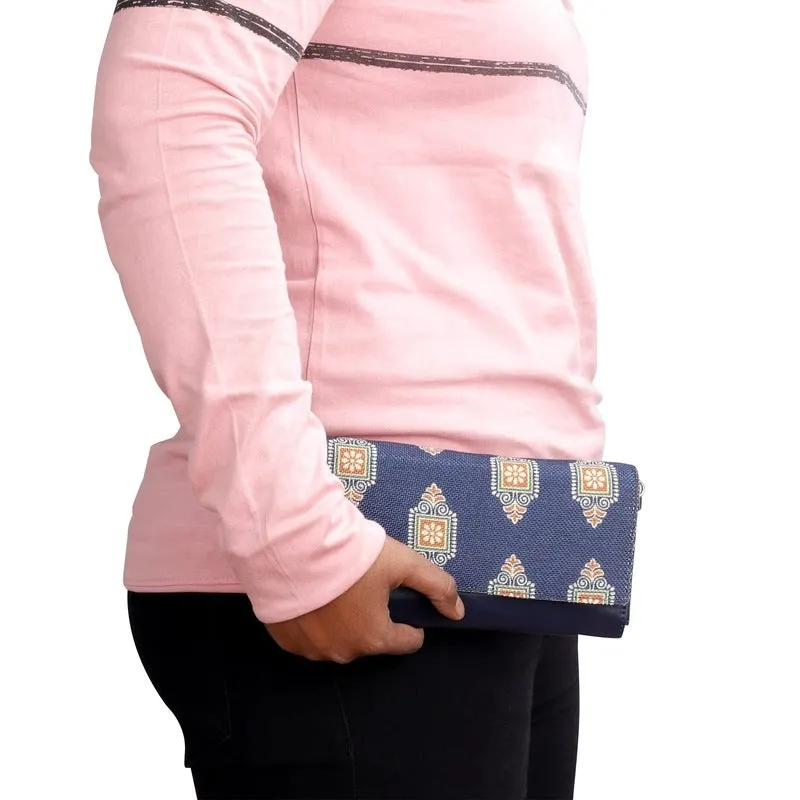 Ladies Wallet with Vegan Leather & Fabric | Sling Bag Included | Slim | Dark Blue