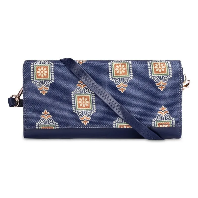 Ladies Wallet with Vegan Leather & Fabric | Sling Bag Included | Slim | Dark Blue