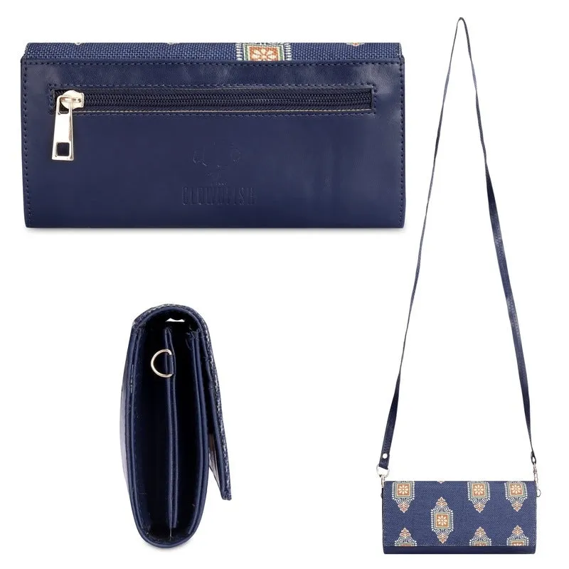 Ladies Wallet with Vegan Leather & Fabric | Sling Bag Included | Slim | Dark Blue