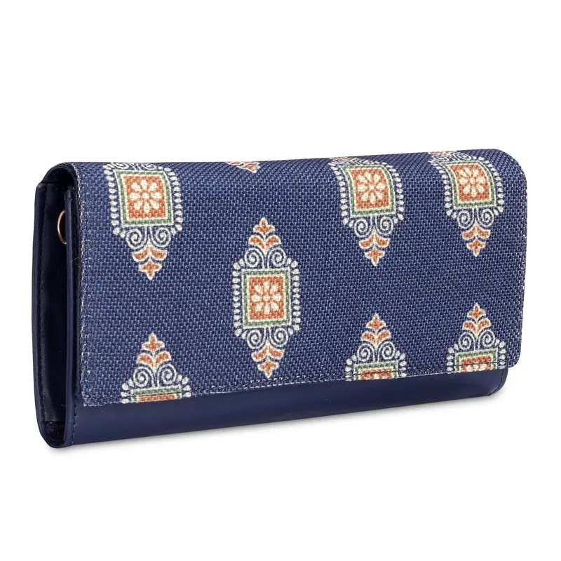 Ladies Wallet with Vegan Leather & Fabric | Sling Bag Included | Slim | Dark Blue