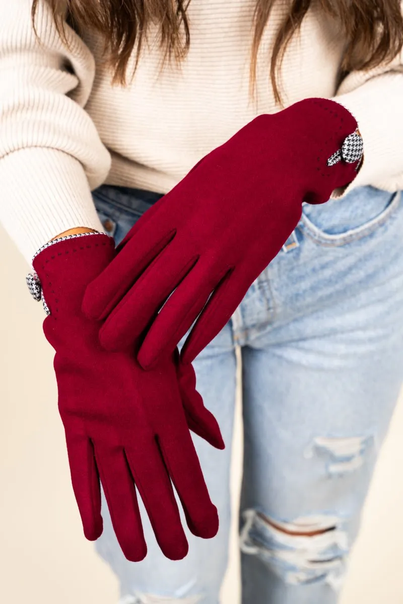 L.I.B. New York One Pair Houndstooth Button Smart Touch Gloves, Burgundy