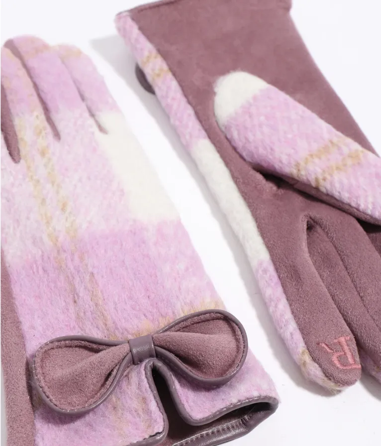 PIA ROSSINI<BR>
Ava Checked Pattern Gloves with Bow<BR>
Purple<BR>