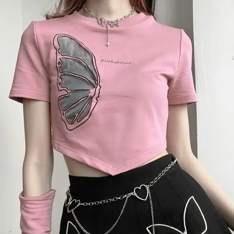 Pink Savior Butterfly Wing With Long Gloves Crop Top