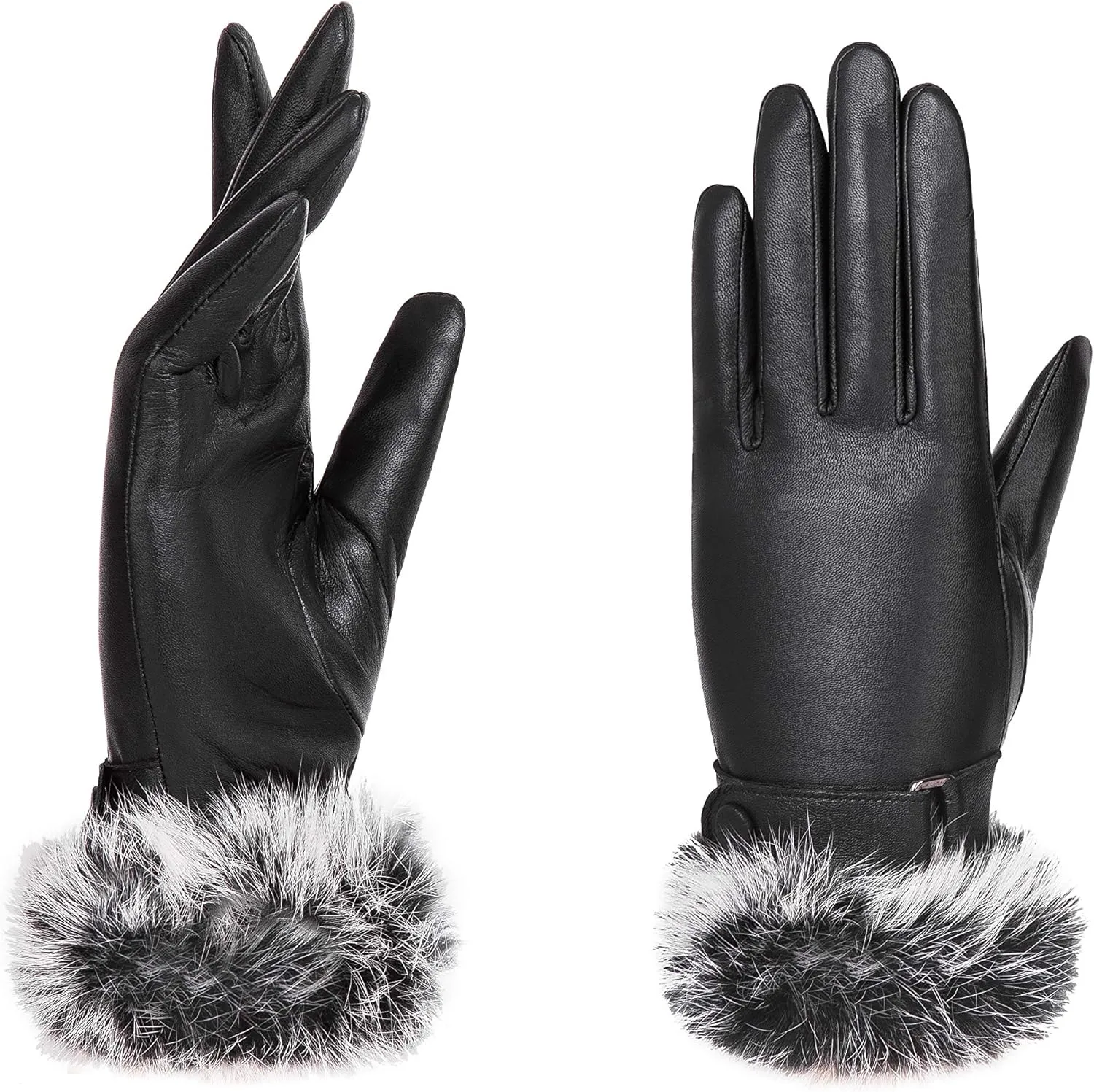 Real Leather Black Buckle Winter Gloves w/Rabbit Fur Cuffs