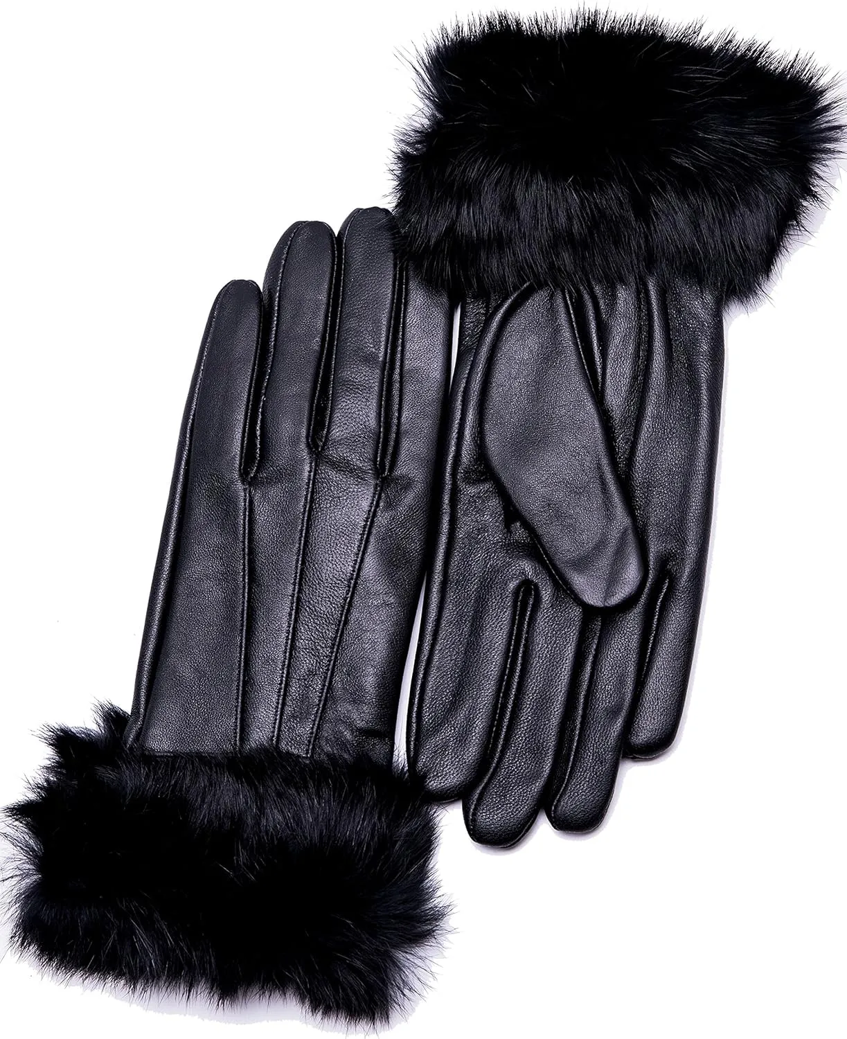 Real Leather Black Buckle Winter Gloves w/Rabbit Fur Cuffs