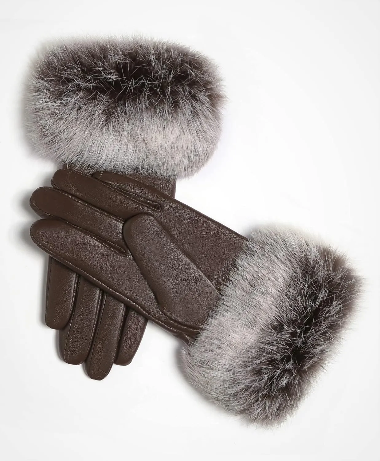 Real Leather Black Buckle Winter Gloves w/Rabbit Fur Cuffs