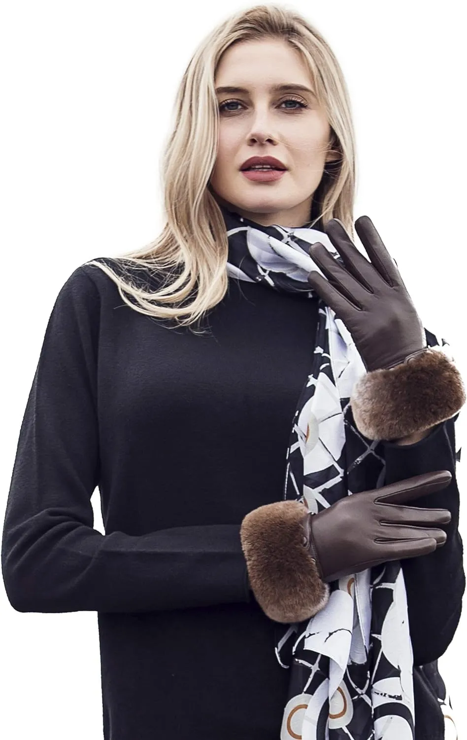 Real Leather Black Buckle Winter Gloves w/Rabbit Fur Cuffs