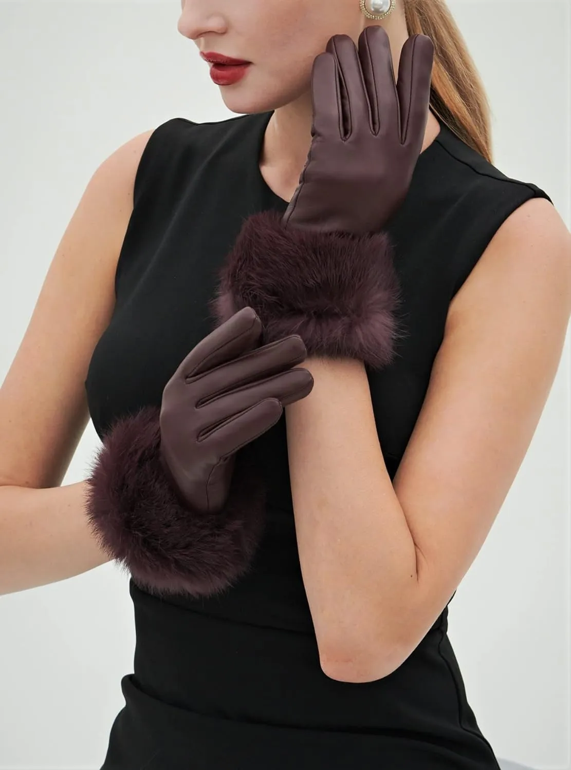 Real Leather Black Buckle Winter Gloves w/Rabbit Fur Cuffs