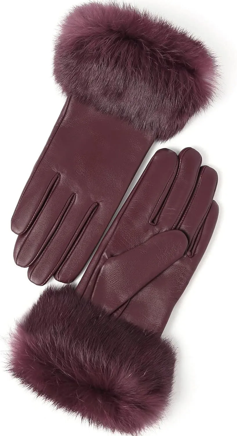 Real Leather Black Buckle Winter Gloves w/Rabbit Fur Cuffs