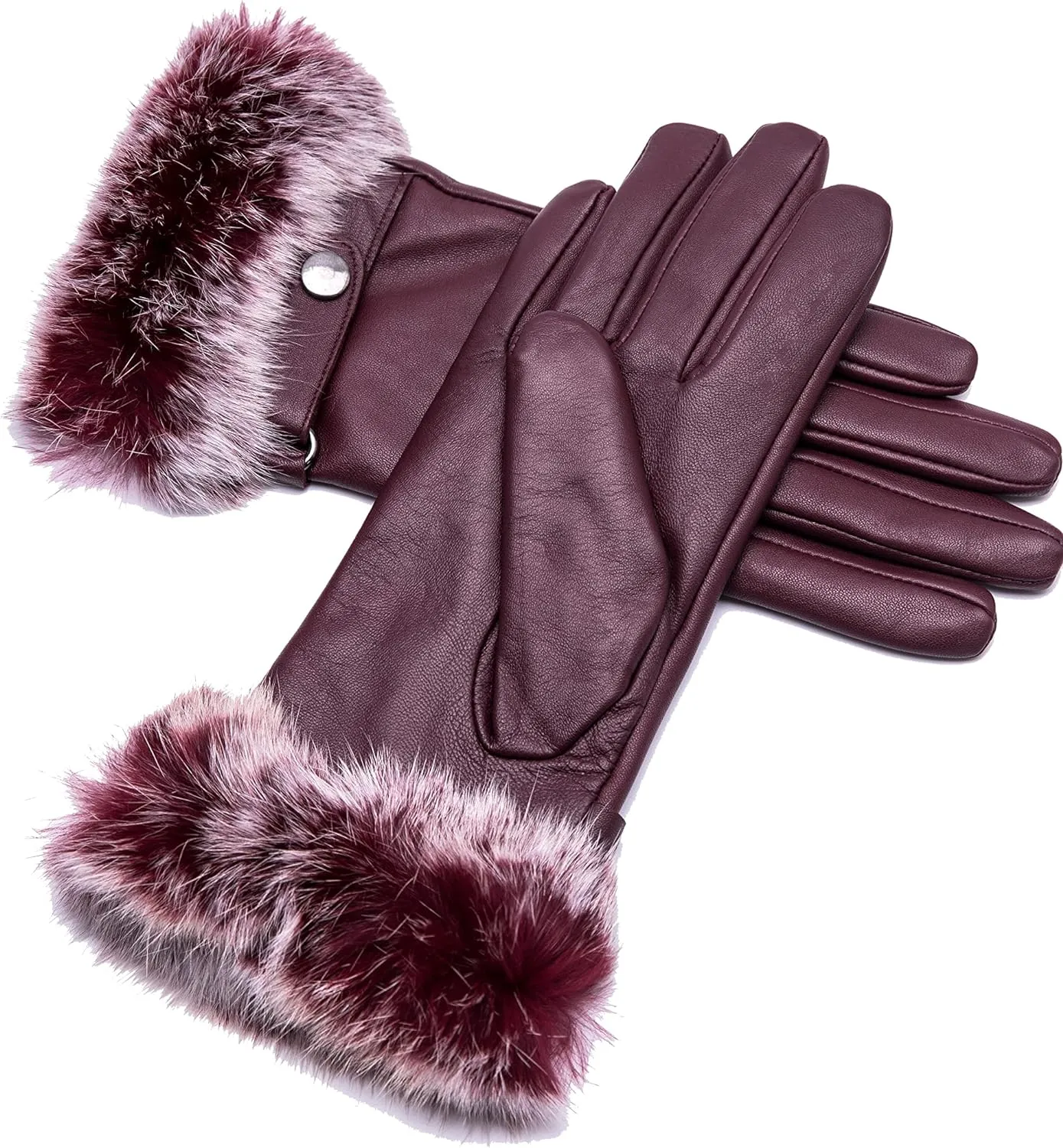 Real Leather Black Buckle Winter Gloves w/Rabbit Fur Cuffs