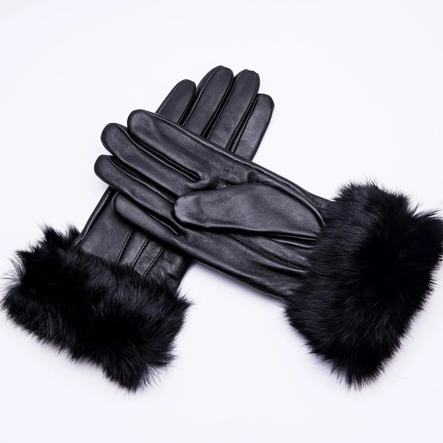 Real Leather Black Buckle Winter Gloves w/Rabbit Fur Cuffs