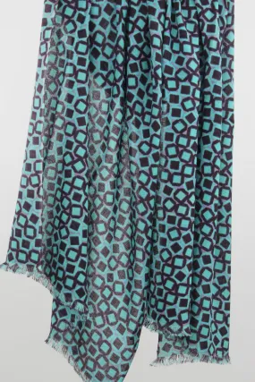 Turquoise and Black Geometry-of-Shapes Silk Wool Cashmere Scarf