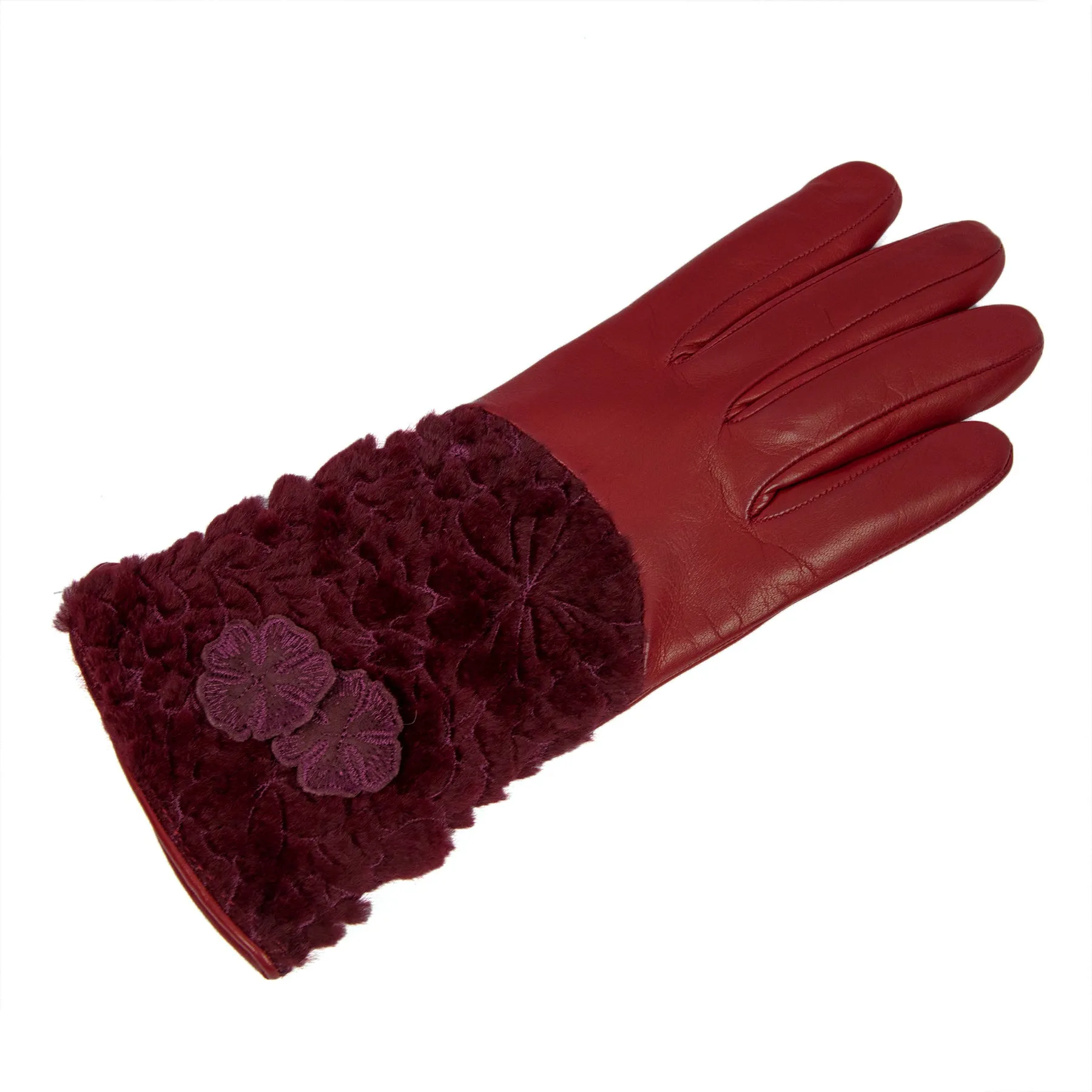 Women's bordeaux nappa leather gloves with floral embroidered fur on top