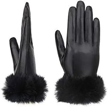 Women's Real Leather Burgundy Red Flat Winter Gloves w/Rabbit Fur Cuffs