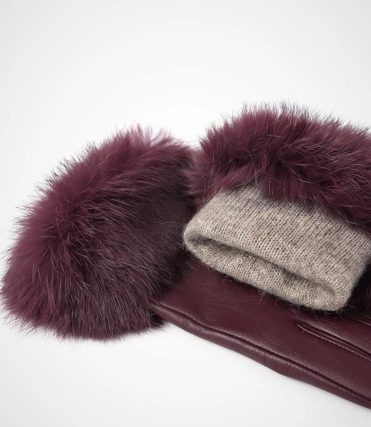 Women's Real Leather Burgundy Red Flat Winter Gloves w/Rabbit Fur Cuffs